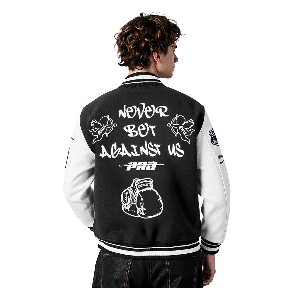 PRO STANDARD NEVER BET AGAINST MEN'S RIB WOOL VARSITY JACKET (BLACK/WHITE)