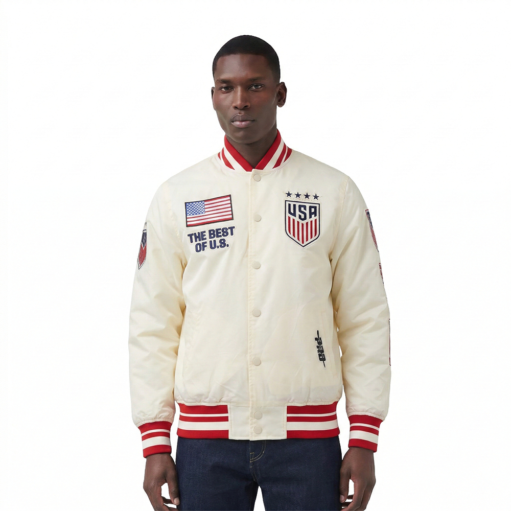 USSF US SOCCER WNT CLASSIC CHENILLE MEN'S PRO SATIN YD RIB JACKET (EGGSHELL/ RED)