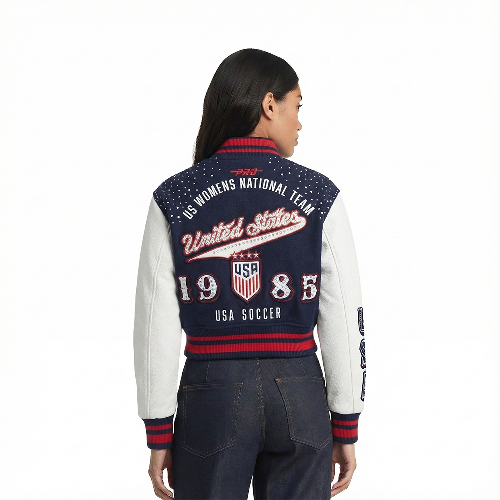 US SOCCER WNT LEGACY WOMEN'S CROPPED RIB WOOL VARSITY JACKET (MIDNIGHT NAVY/RED/MIDNIGHT NAVY)