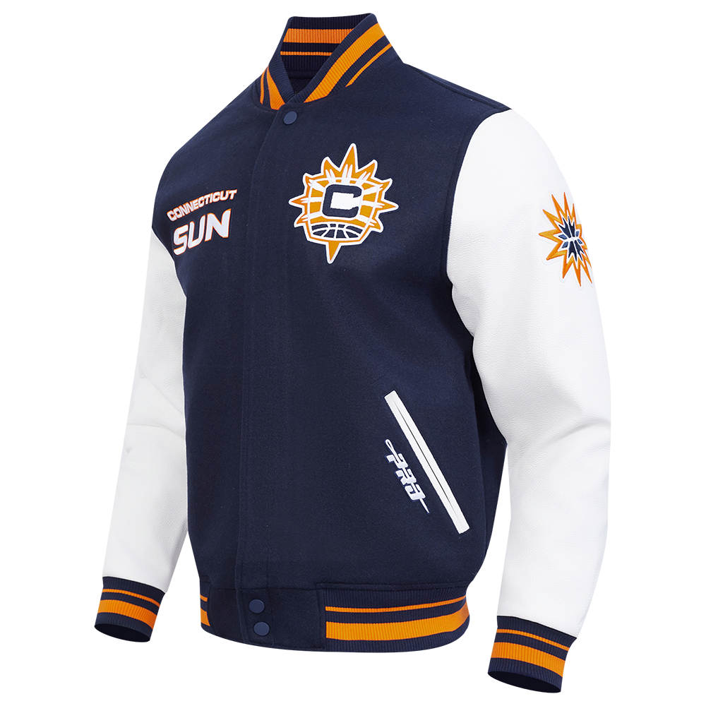 WNBA CONNECTICUT SUN RETRO CLASSICS MEN'S RIB WOOL VARSITY JACKET (MIDNIGHT NAVY/ORANGE/MIDNIGHT NAVY)