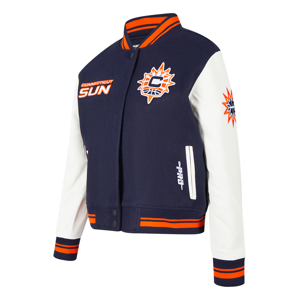 WNBA CONNECTICUT SUN RETRO CLASSICS WOMEN'S RIB WOOL VARSITY JACKET (MIDNIGHT NAVY/ORANGE/MIDNIGHT NAVY)
