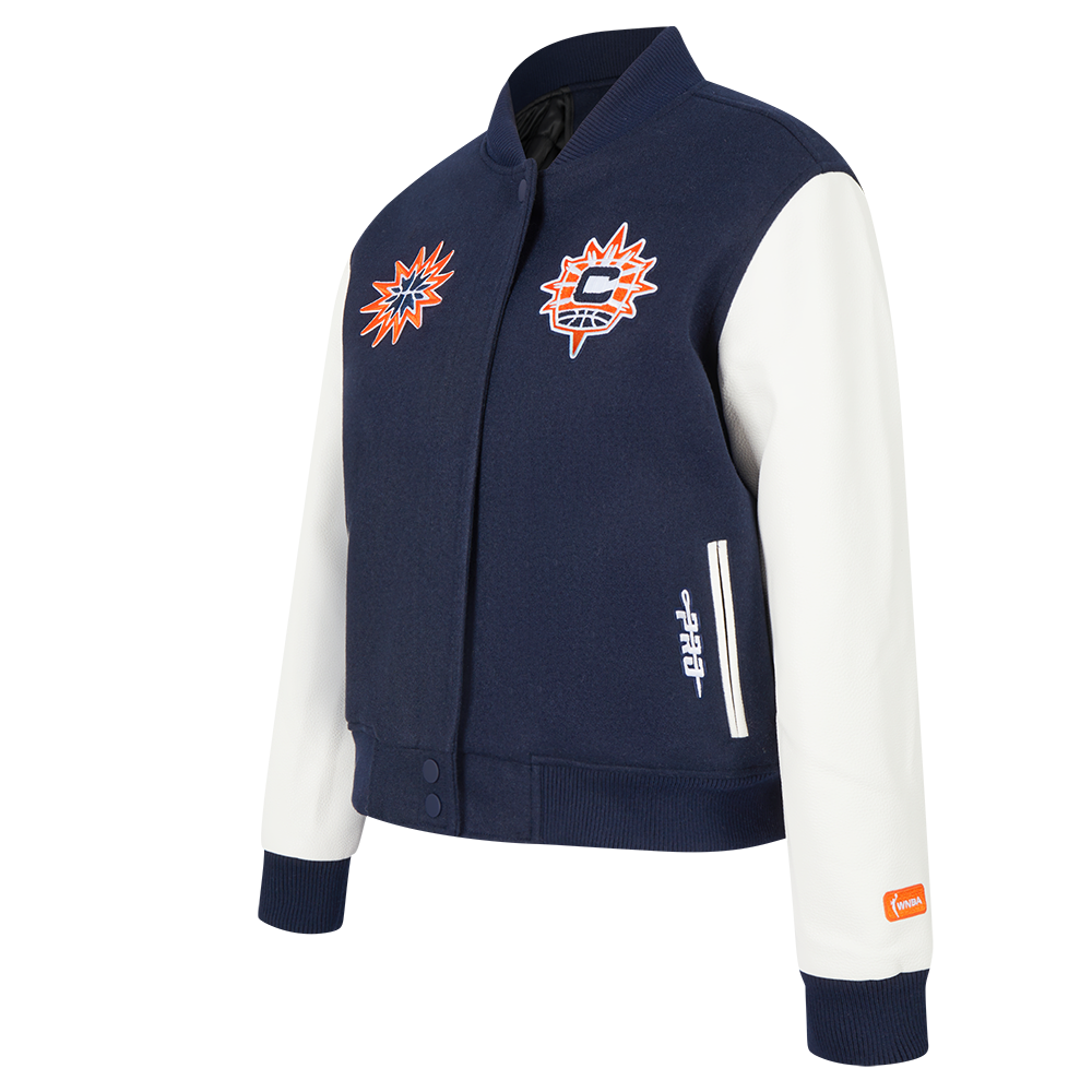 WNBA CONNECTICUT SUN CLASSIC ESSENTIALS WOMEN'S WOOL VARSITY JACKET (MIDNIGHT NAVY/WHITE)