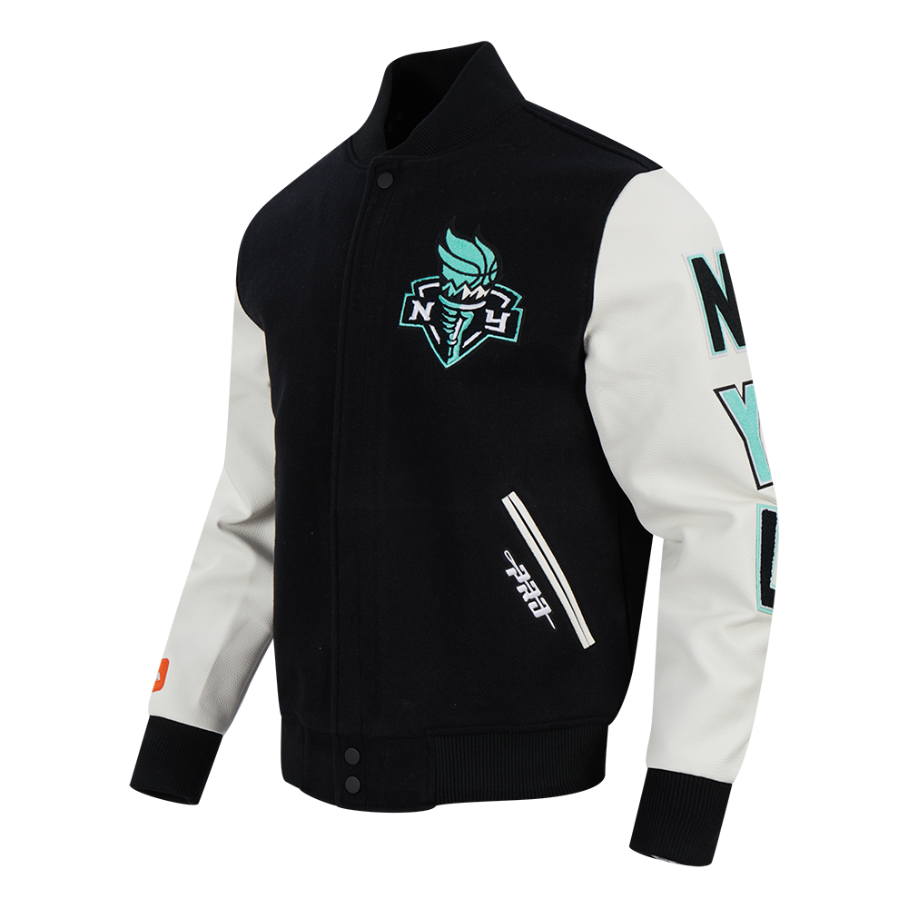 WNBA  NEW YORK LIBERTY CLASSIC CHENILLE MEN'S WOOL VARSITY JACKET (BLACK/WHITE)