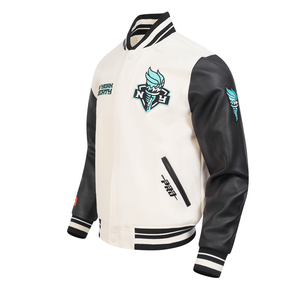 WNBA NEW YORK LIBERTY RETRO CLASSICS MEN'S RIB WOOL VARSITY JACKET (EGGSHELL/ BLACK)