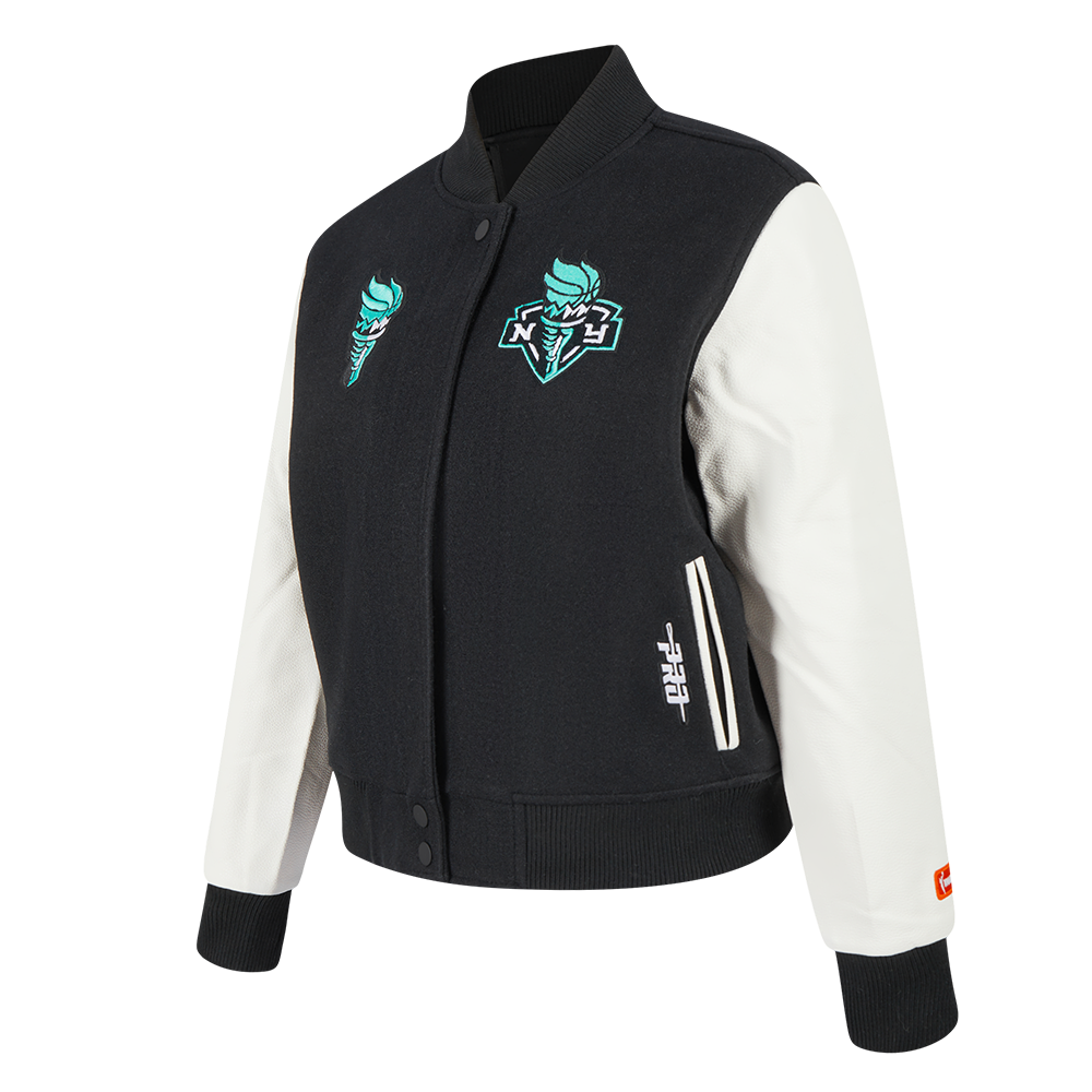 WNBA NEW YORK LIBERTY CLASSIC ESSENTIALS WOMEN'S WOOL VARSITY JACKET (BLACK/WHITE)