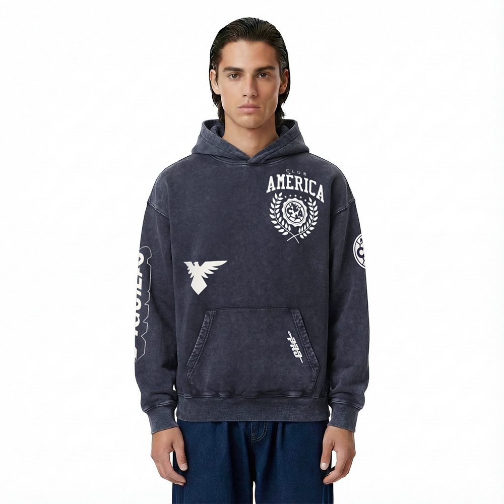 Liga MX CLUB AMERICA STREET TEAM MEN'S ENZYME WASH DS FT PO HOODIE (WASHED MIDNIGHT NAVY)