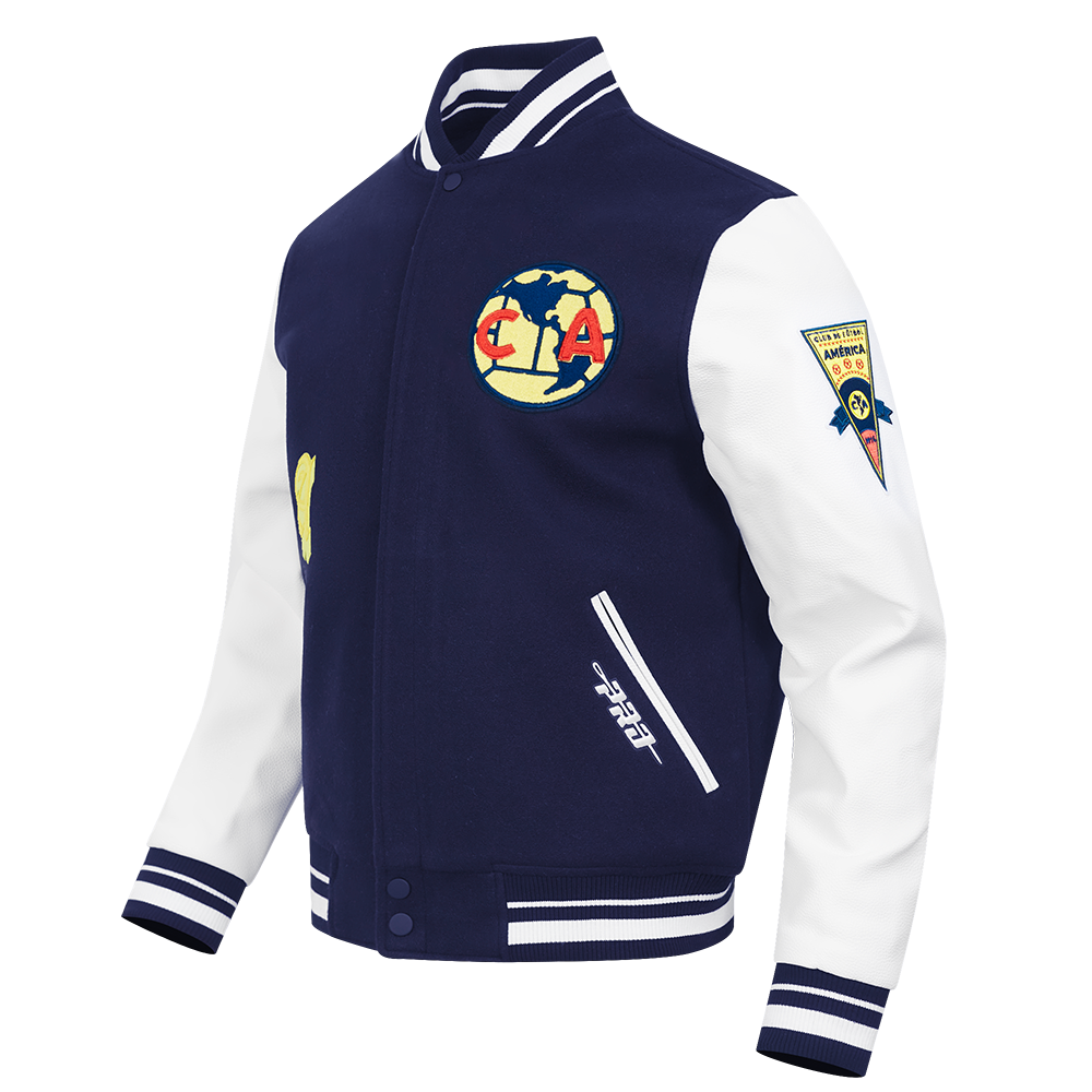 LIGA MX CLUB AMERICA OLD ENGLISH MEN'S RIB WOOL VARSITY JACKET (MIDNIGHT NAVY/WHITE)