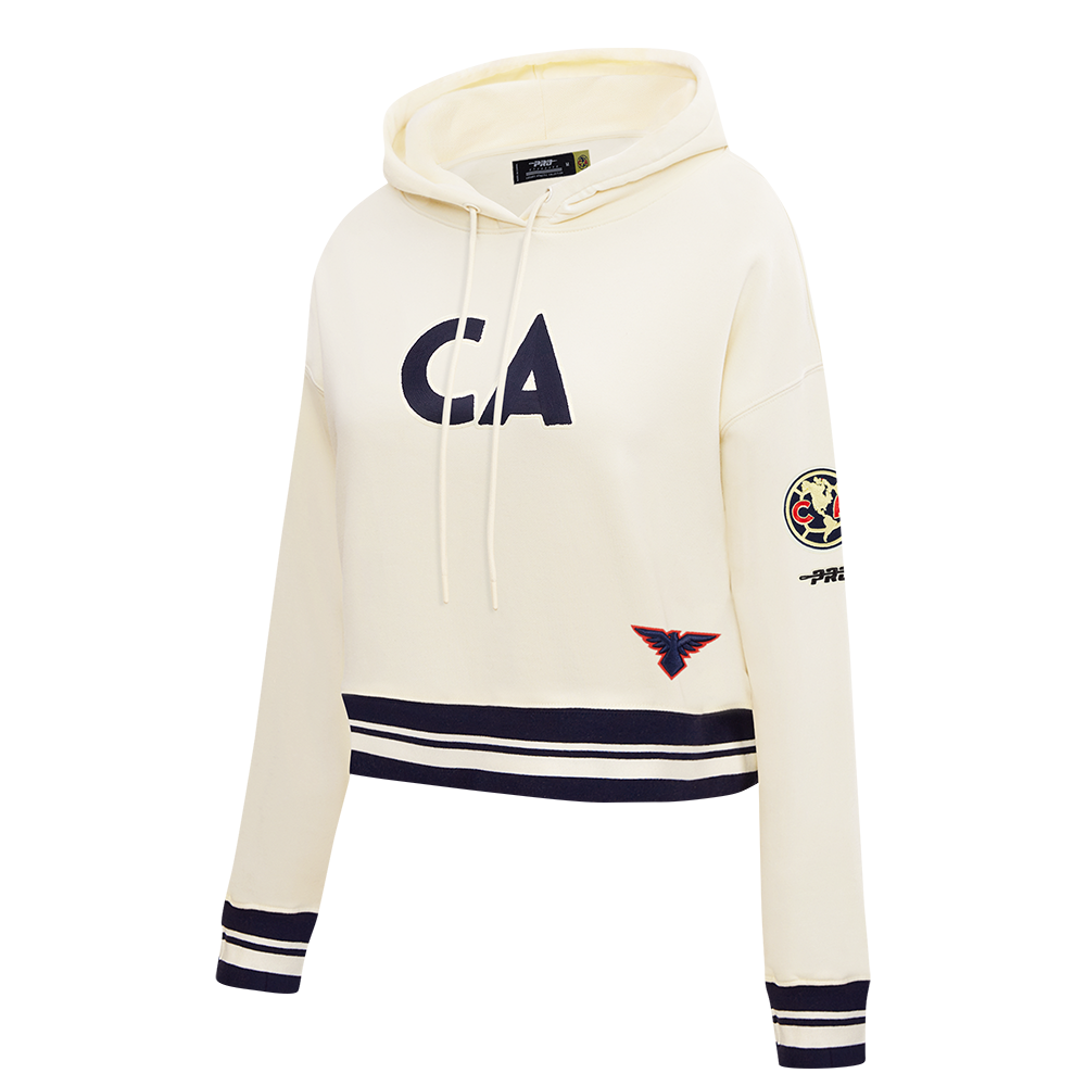 LIGA MX CLUB AMERICA PREMIUM WOMEN'S RIB FLEECE CROPPED PULLOVER HOODIE (EGGSHELL/ MIDNIGHT NAVY)