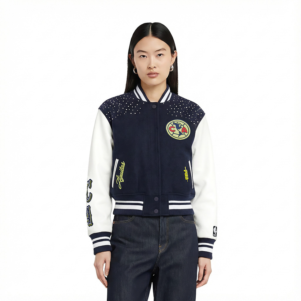 Liga MX CLUB AMERICA LEGACY WOMEN'S CROPPED RIB WOOL VARSITY JACKET (MIDNIGHT NAVY/WHITE)
