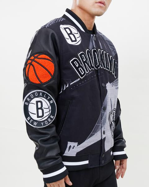 Pro Standard Brooklyn Nets Retro Classic Rib Wool Varsity Jacket (Black/Grey) 2XL