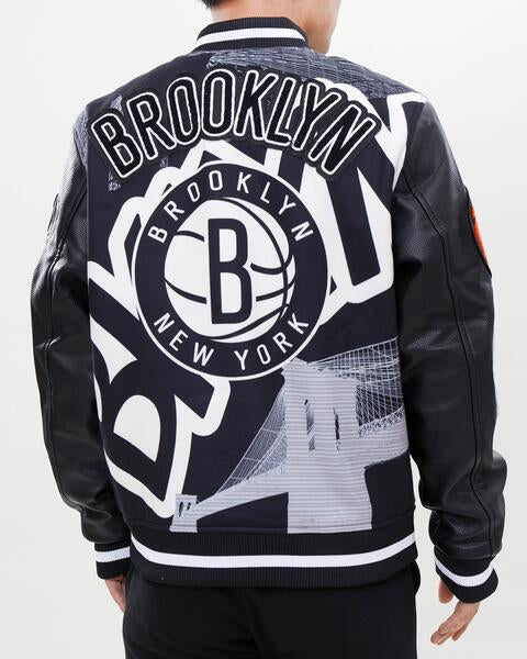 Maker of Jacket NBA Teams Jackets Brooklyn Nets Black and White Varsity