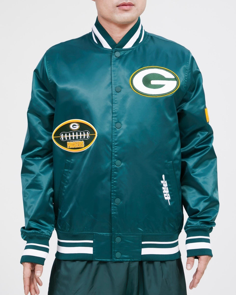 GREEN BAY PACKERS OLD ENGLISH SATIN JACKET (FOREST GREEN)