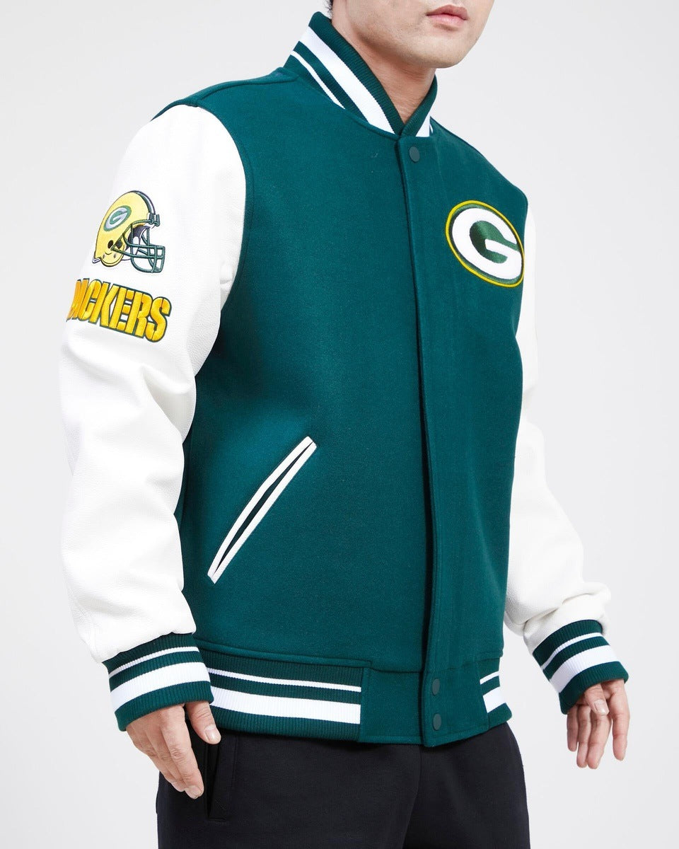 NFL GREEN BAY PACKERS OLD ENGLISH WOOL MEN'S VARSITY JACKET (FOREST  GREEN/WHITE)