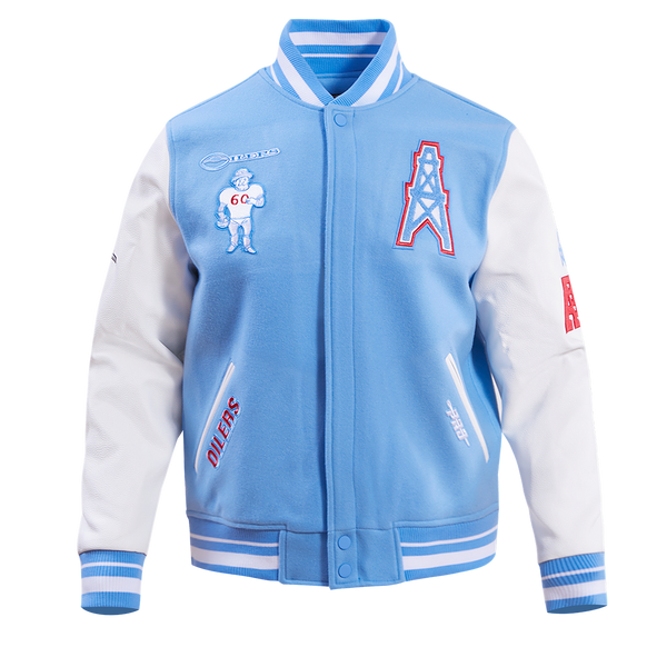 HOUSTON OILERS RETRO CLASSIC RIB WOOL VARSITY JACKET (UNIVERSITY BLUE/WHITE)