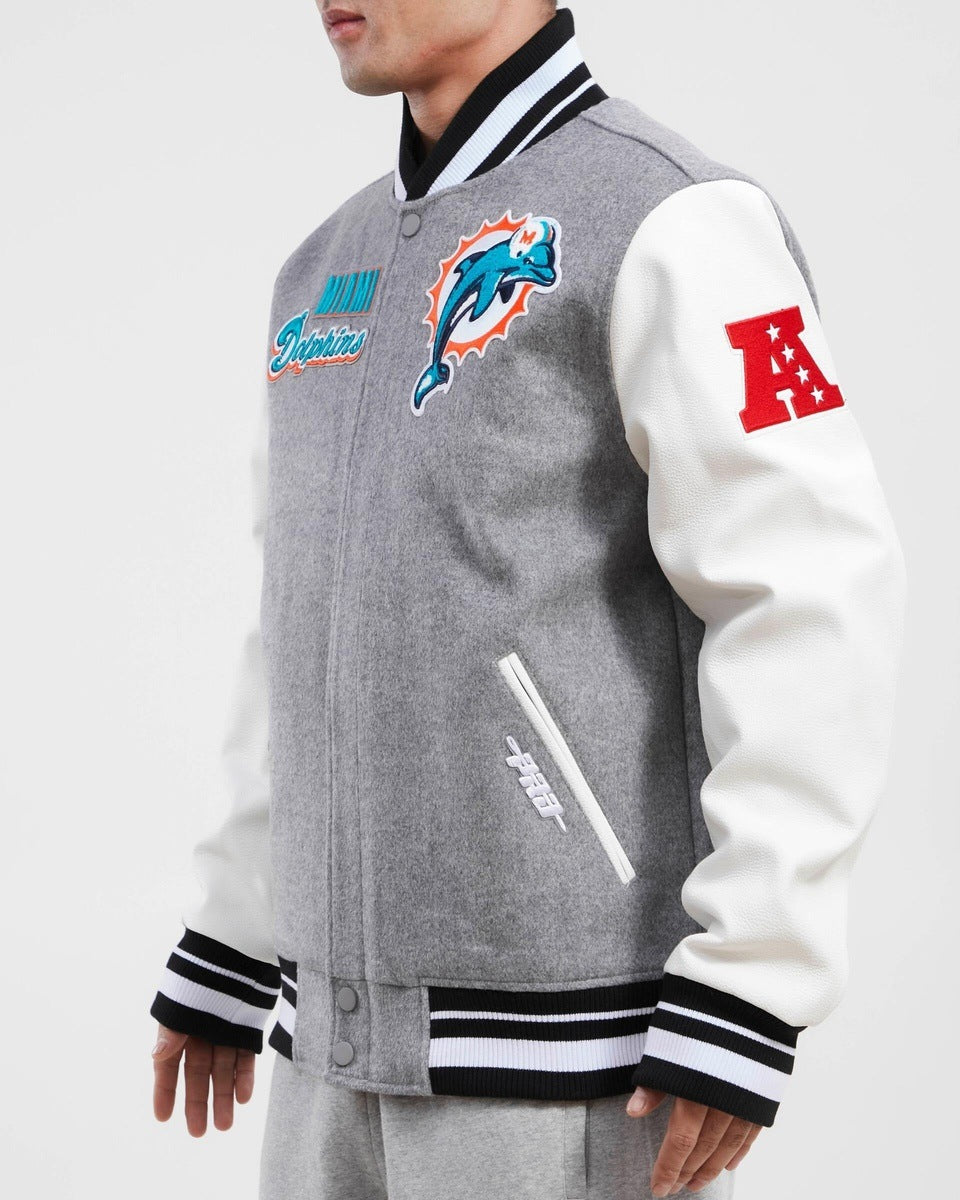 MIAMI DOLPHINS RETRO CLASSIC RIB WOOL VARSITY JACKET (HEATHER GREY