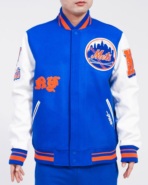 Pro Standard Men's New York Mets Retro Rib MLB Wool Varsity Jacket, Eggshell Royal Blue / S